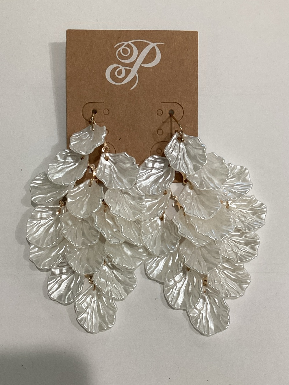 Plunder Pearl White Layered Leaf Drop Earrings